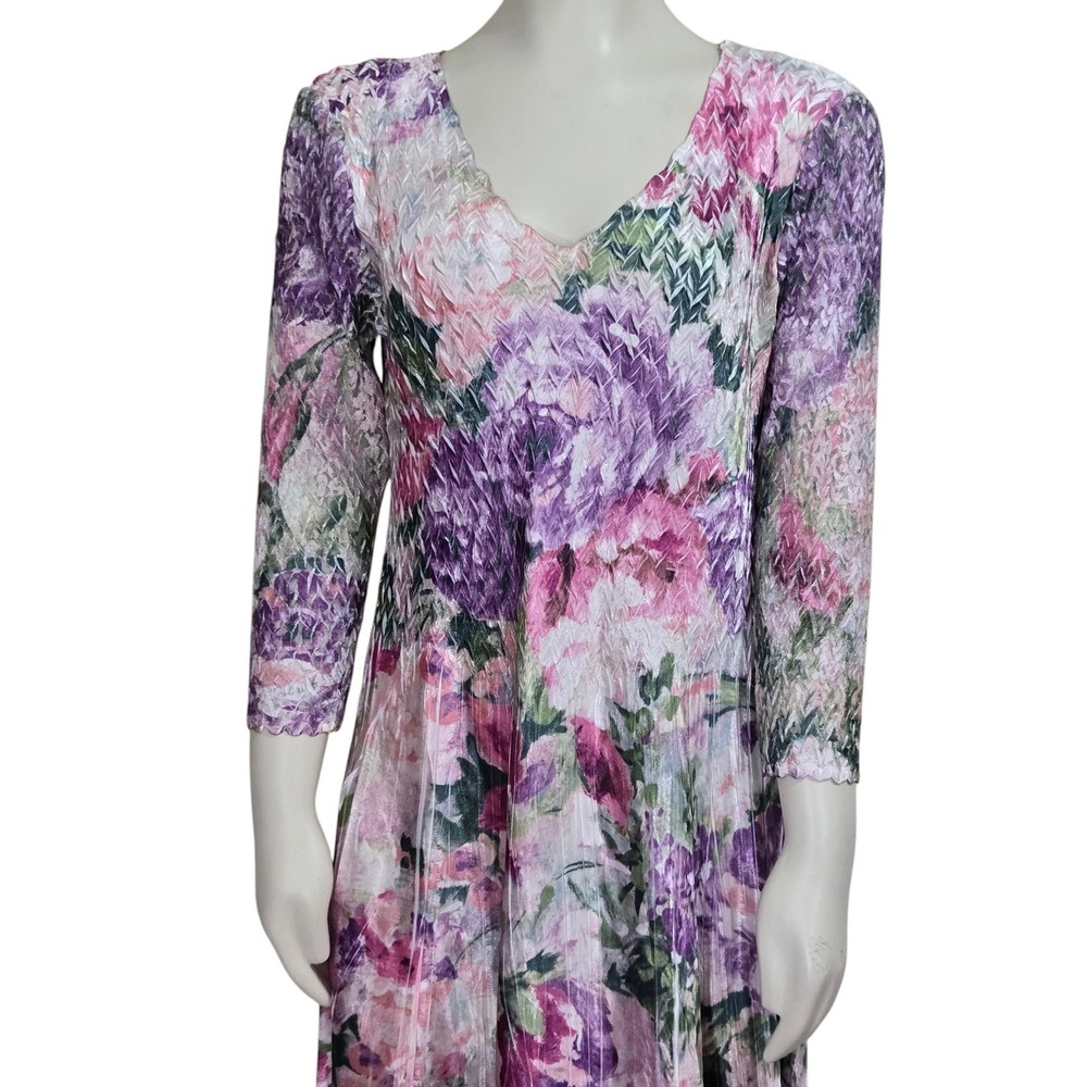 Komarov Maxi Dress XL Purple Floral Pleated Lace Trim Watercolor Crinkle Garden - Picture 2 of 14